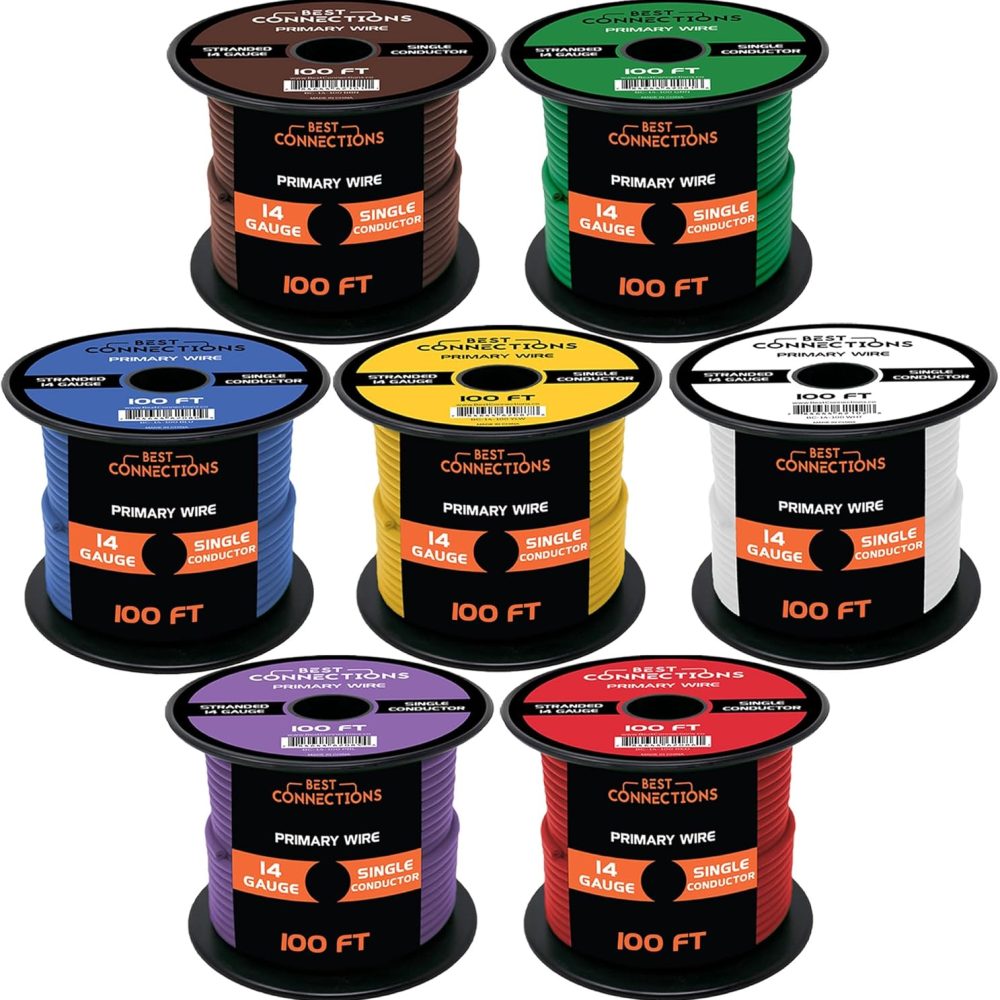 14 Gauge Automotive Primary Wire (100ft Each – 7 Color Bundle Set)– Durable Primary/Remote, Power/Ground Electrical Wire for Trailer, Car Audio, Lighting Circuits – 700ft Total