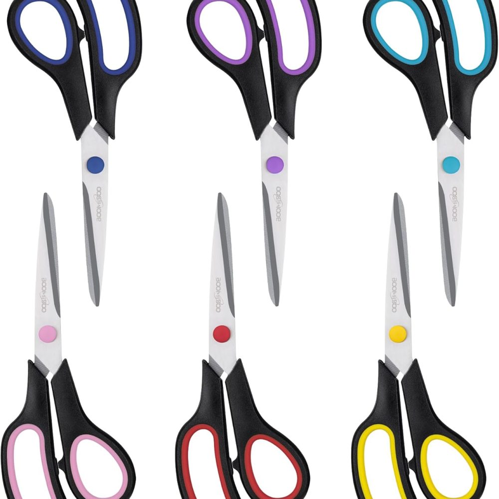 Scissors, BOOMIBOO 8" All Purpose 6 Pack - Comfort-Grip Scissors for Office Desk Accessories Sewing Fabric Home Craft School Supplies, Teacher/Class Supplies, Right/Left Handles